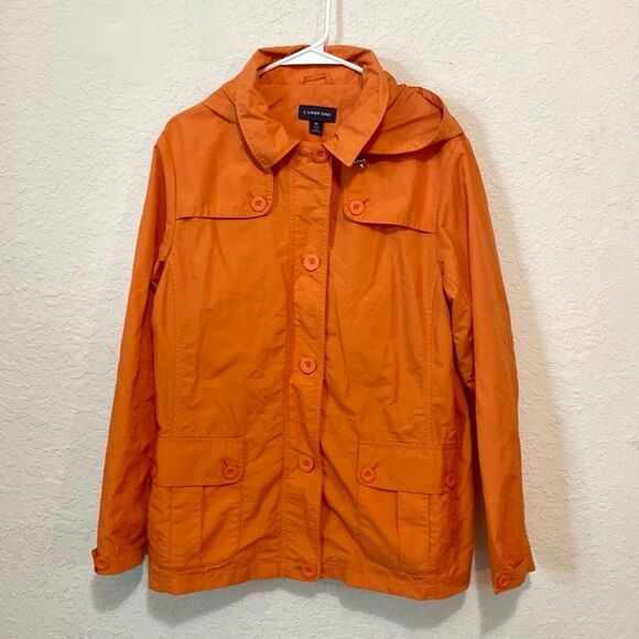 Lands End Rain coat Orange Hood Size Medium - Picture 1 of 9